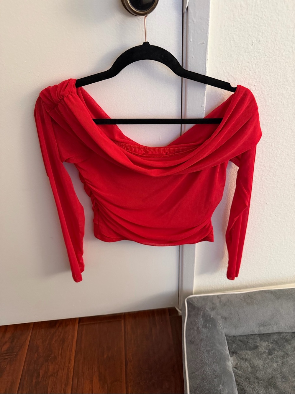 Red Off-Shoulder Long Sleeve Crop Top - Women